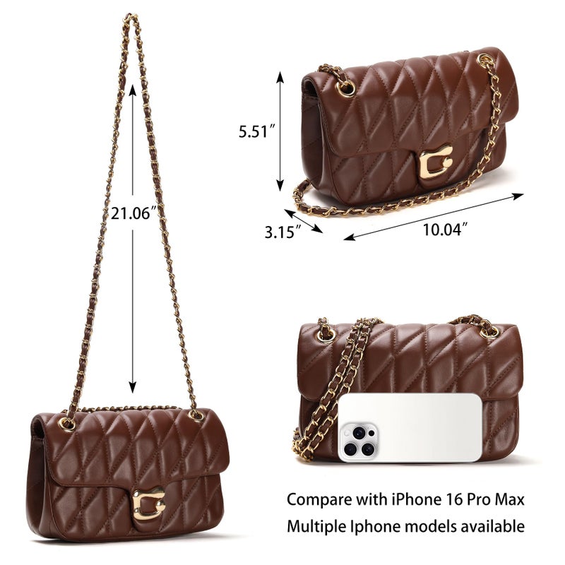 Pelimoo Quilted Crossbody Purse for Women Trendy - Ladies Shoulder Bag Leather Satchel Handbag Designer Evening Clutch with Chain Strap (Coffee) - Image 3