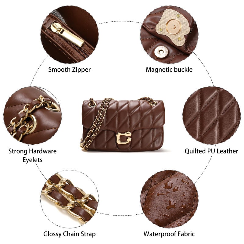 Pelimoo Quilted Crossbody Purse for Women Trendy - Ladies Shoulder Bag Leather Satchel Handbag Designer Evening Clutch with Chain Strap (Coffee) - Image 4