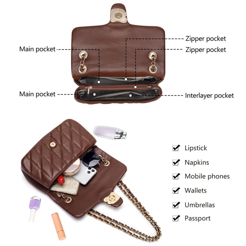 Pelimoo Quilted Crossbody Purse for Women Trendy - Ladies Shoulder Bag Leather Satchel Handbag Designer Evening Clutch with Chain Strap (Coffee) - Image 5