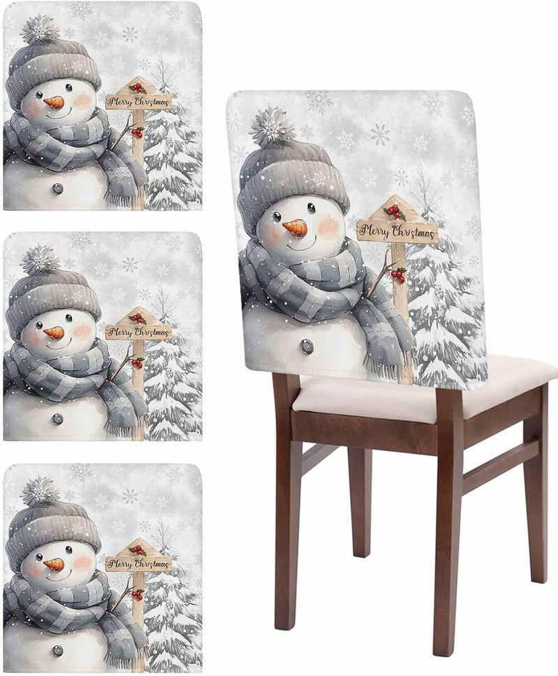 LooPoP Christmas Chair Covers Set of 4 Snowman Chair Slipcover Protector Removable Washable Stretch Chair Covers Grey Pine Tree Chair Back Covers for Dining Chairs Kitchen Dinner Party Xmas Holiday Decor - Image 1