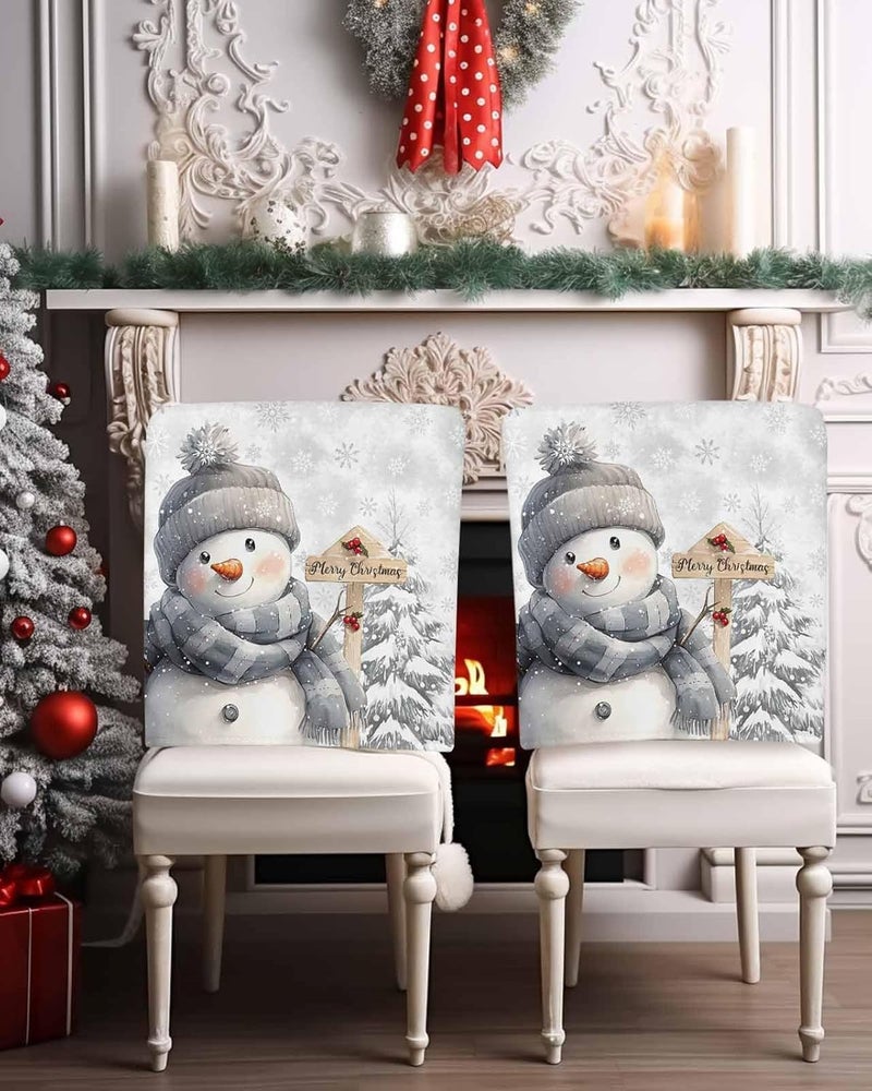 LooPoP Christmas Chair Covers Set of 4 Snowman Chair Slipcover Protector Removable Washable Stretch Chair Covers Grey Pine Tree Chair Back Covers for Dining Chairs Kitchen Dinner Party Xmas Holiday Decor - Image 2