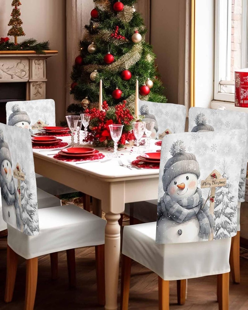 LooPoP Christmas Chair Covers Set of 4 Snowman Chair Slipcover Protector Removable Washable Stretch Chair Covers Grey Pine Tree Chair Back Covers for Dining Chairs Kitchen Dinner Party Xmas Holiday Decor - Image 5