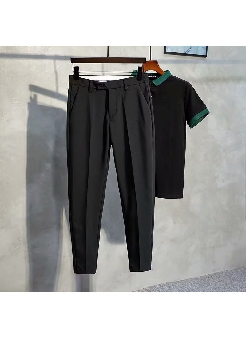 Generic Mens Summer Casual Cropped Suit Pants Slim Fit Black Nine 