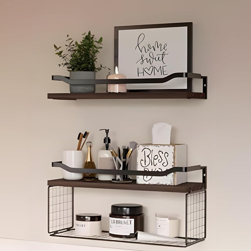 UMAI 2Pcs Iron and Platane Wood Wall Hangings for Home Decor 15 Cm Thick Wood Shelves Multipurpose Rack for Storage Wall Shelf Black - Image 1