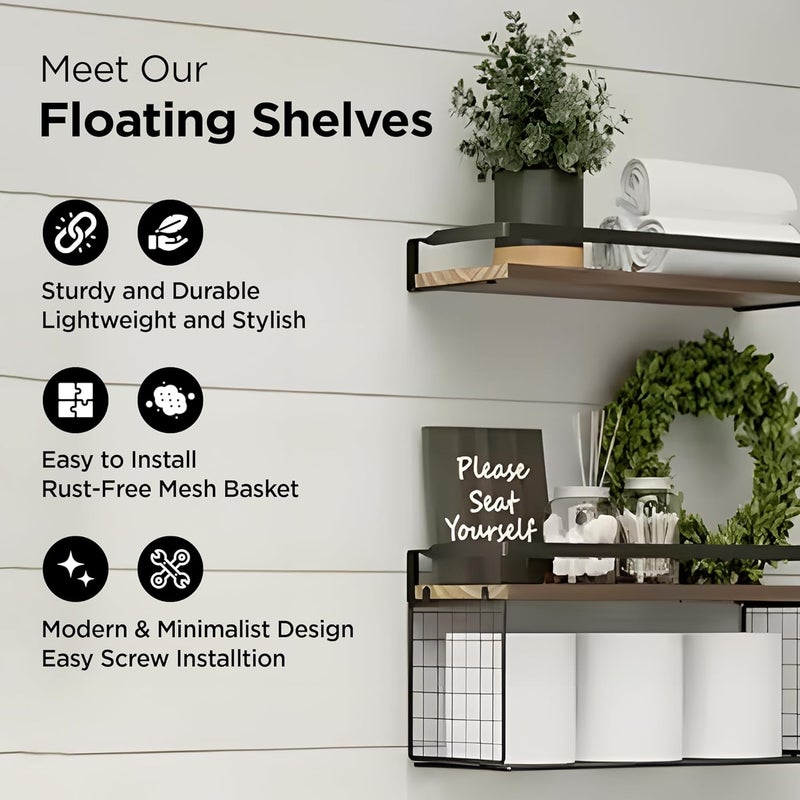UMAI 2Pcs Iron and Platane Wood Wall Hangings for Home Decor 15 Cm Thick Wood Shelves Multipurpose Rack for Storage Wall Shelf Black - Image 3
