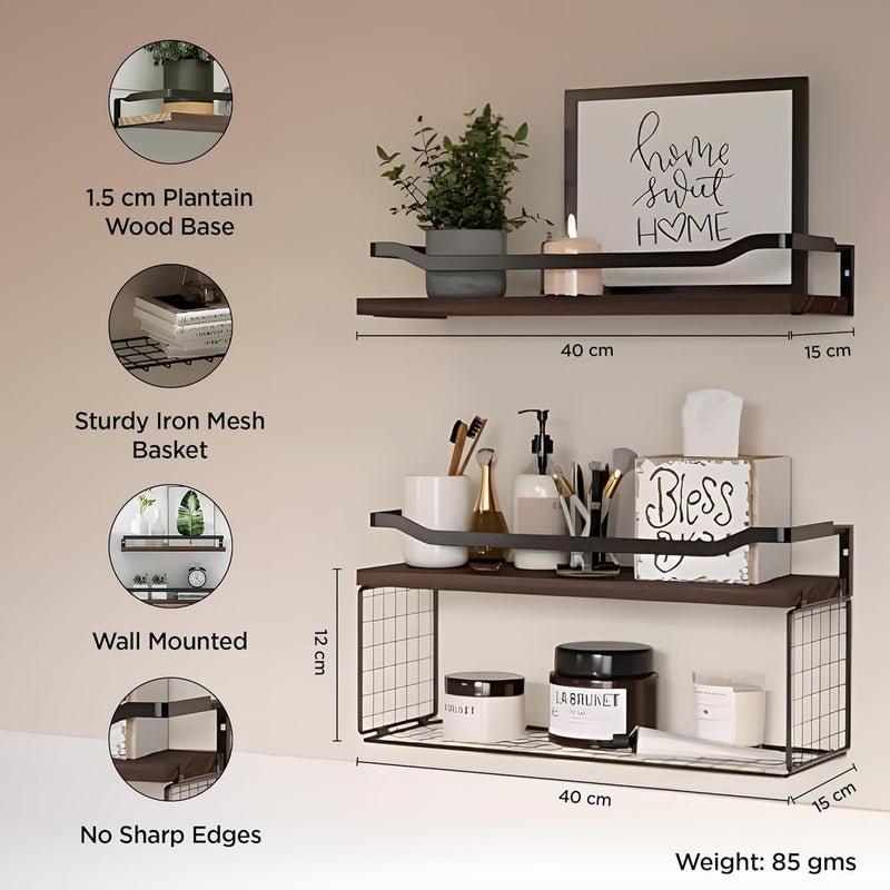 UMAI 2Pcs Iron and Platane Wood Wall Hangings for Home Decor 15 Cm Thick Wood Shelves Multipurpose Rack for Storage Wall Shelf Black - Image 2