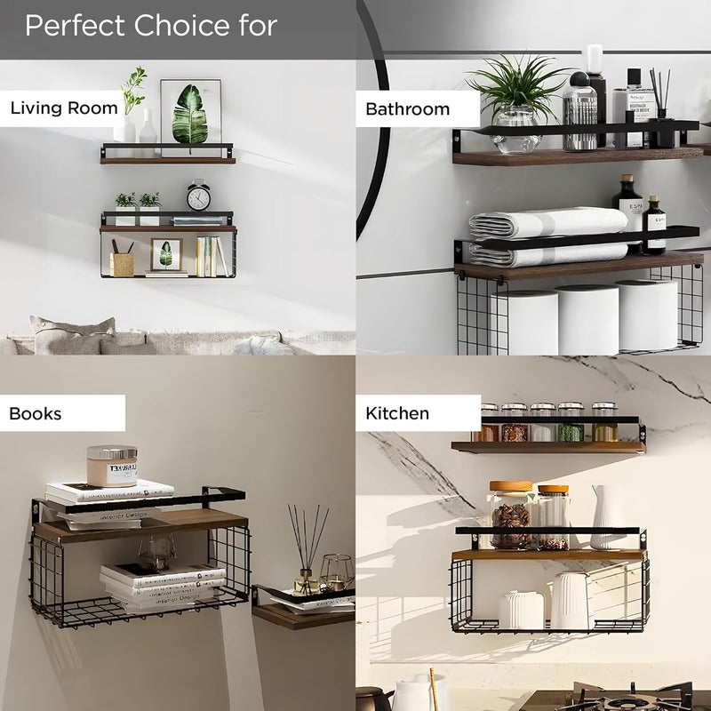 UMAI 2Pcs Iron and Platane Wood Wall Hangings for Home Decor 15 Cm Thick Wood Shelves Multipurpose Rack for Storage Wall Shelf Black - Image 4