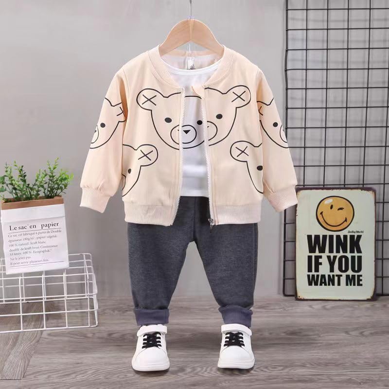 Bold N Elegant Girl's Polyester Blend Fun Cartoon Bear Kids T-Shirt With Jacket & Jogger Pants 3 Piece Winter Clothing Set For Infant Toddler Baby Boys (Cream - Grey, 4-5 Years), Checkered - Image 2