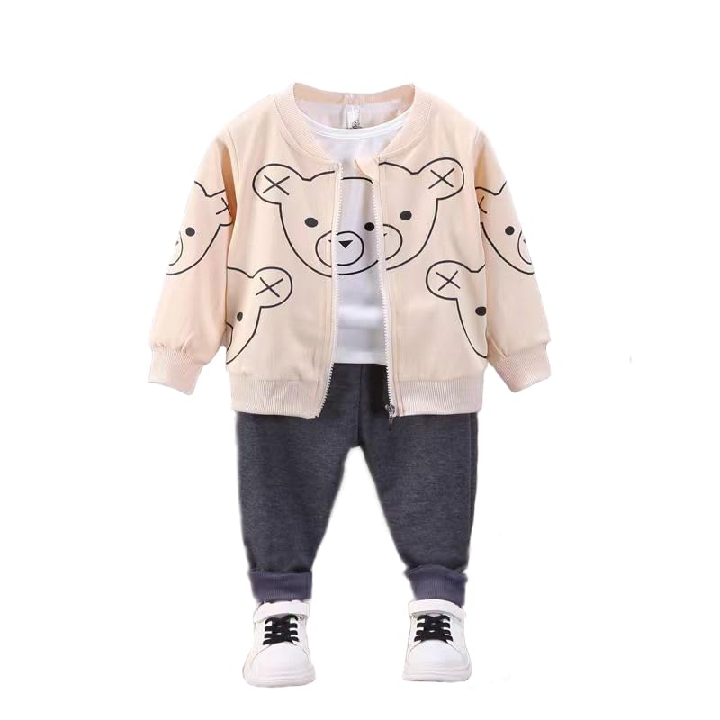 Bold N Elegant Girl's Polyester Blend Fun Cartoon Bear Kids T-Shirt With Jacket & Jogger Pants 3 Piece Winter Clothing Set For Infant Toddler Baby Boys (Cream - Grey, 4-5 Years), Checkered - Image 3