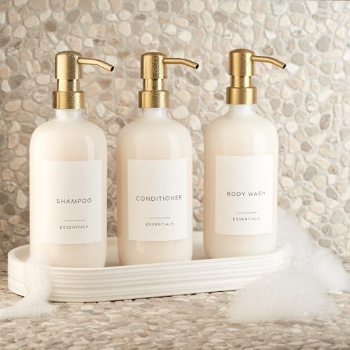 KIBAGA Stylish Shampoo and Conditioner Dispenser Set of 3 - Modern 21oz Shower Soap Bottles with Pump and Labels - Easy to Refill Body Wash Dispensers for an Instant Bathroom Decor Upgrade Clear - Image 2