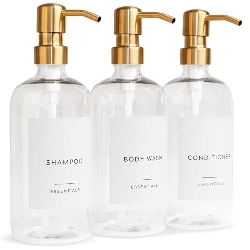 KIBAGA Stylish Shampoo and Conditioner Dispenser Set of 3 - Modern 21oz Shower Soap Bottles with Pump and Labels - Easy to Refill Body Wash Dispensers for an Instant Bathroom Decor Upgrade Clear - Image 1