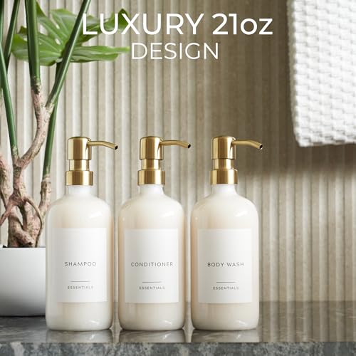 KIBAGA Stylish Shampoo and Conditioner Dispenser Set of 3 - Modern 21oz Shower Soap Bottles with Pump and Labels - Easy to Refill Body Wash Dispensers for an Instant Bathroom Decor Upgrade Clear - Image 3