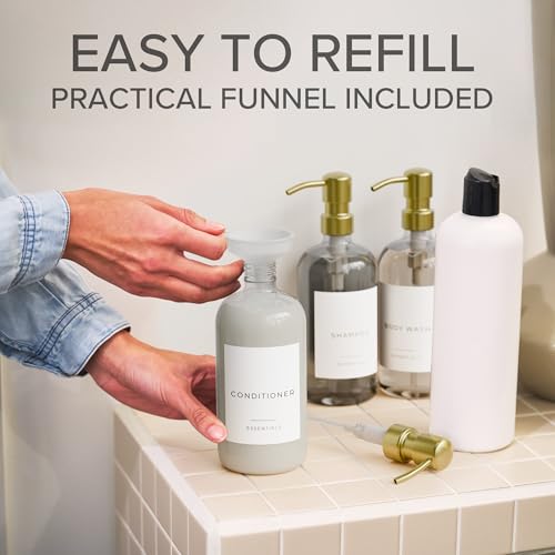 KIBAGA Stylish Shampoo and Conditioner Dispenser Set of 3 - Modern 21oz Shower Soap Bottles with Pump and Labels - Easy to Refill Body Wash Dispensers for an Instant Bathroom Decor Upgrade Clear - Image 5