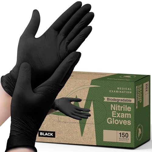 FifthPulse [150 Count] Medium Biodegradable Gloves - Black Nitrile Disposable Gloves - Medical Exam and Food Safe - Powder and Latex Free with Textured Fingertips - Image 1