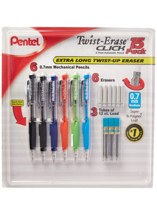 Pentel Twist-Erase Click Mechanical Pencil Set - 6 Mechanical Pencils, 6 Extra Erasers, 3 Tubes Of Lead Refills - Image 1