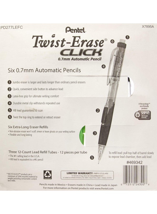 Pentel Twist-Erase Click Mechanical Pencil Set - 6 Mechanical Pencils, 6 Extra Erasers, 3 Tubes Of Lead Refills - Image 2