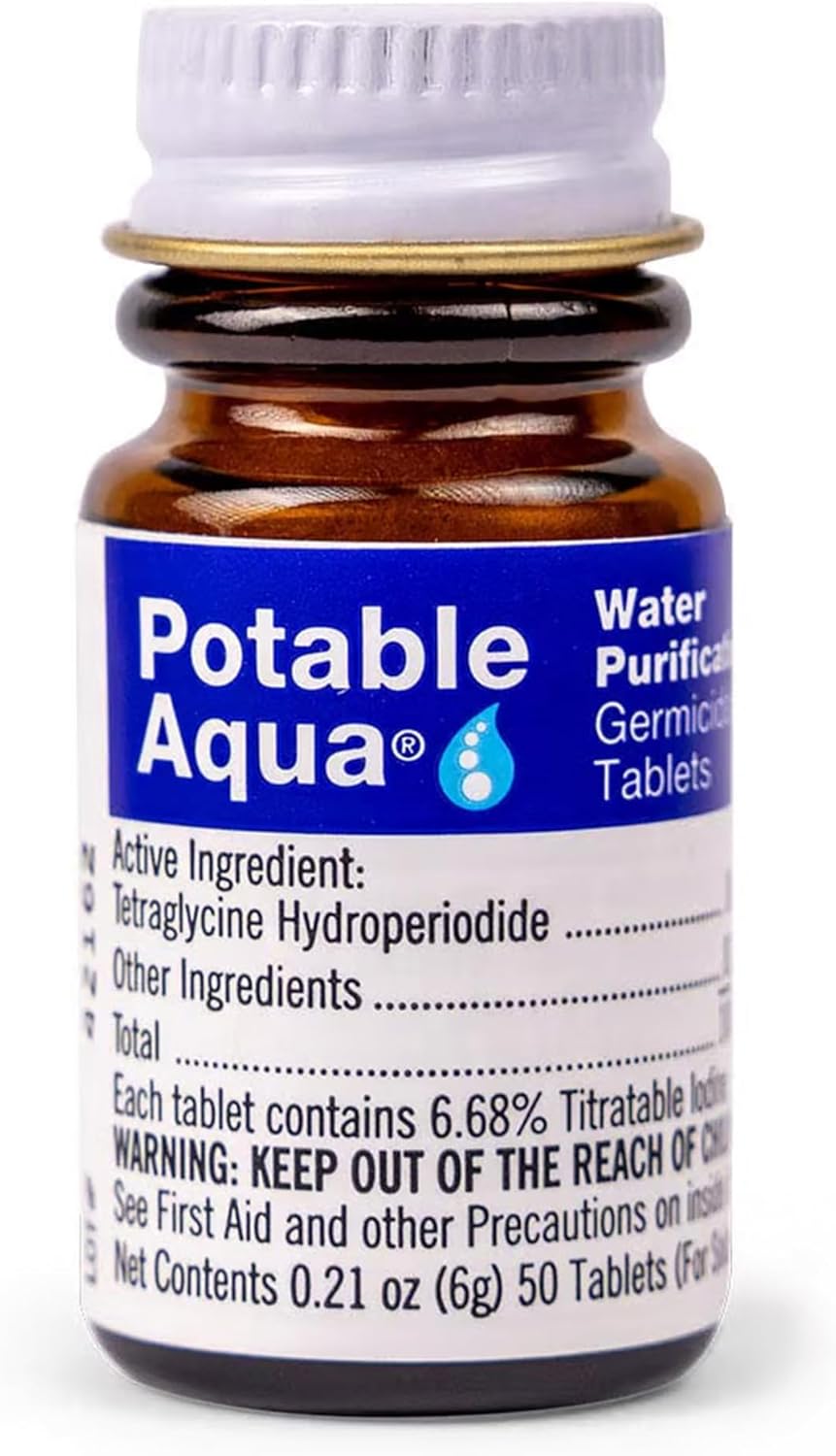 Potable Aqua Water Purification Treatment - 50 Germicidal Tablets for Safe Drinking Water in Emergencies and Travel