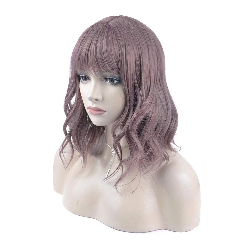 14 Inches Curly Wigs with Bangs for Women Girls Heat Resistant Synthetic Hair Wig Grayish Purple