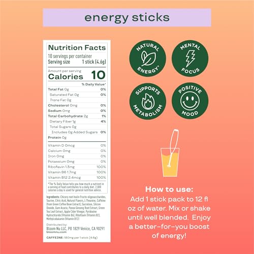 Bloom Nutrition Energy Drink Powder Packets, Sugar Free Energy Drink Mix with L-Theanine, B Vitamins & Natural Caffeine, On the Go Powder Sticks for Natural Energy, 10 Calories (10 Pouches (Pack of 1), Peach Mango) - Image 4