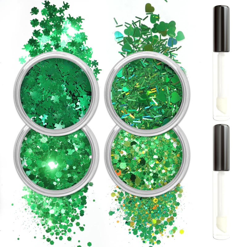 Allstarry Green Body Glitter, 4 Colors Cosmetic Green Face Glitter, Shamrock Face Eyeshadow Makeup Hair and Eye Glitter St Patricks Day Accessories Makeup Shamrock Decorations - Image 1