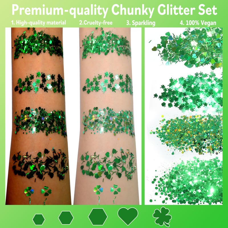 Allstarry Green Body Glitter, 4 Colors Cosmetic Green Face Glitter, Shamrock Face Eyeshadow Makeup Hair and Eye Glitter St Patricks Day Accessories Makeup Shamrock Decorations - Image 2