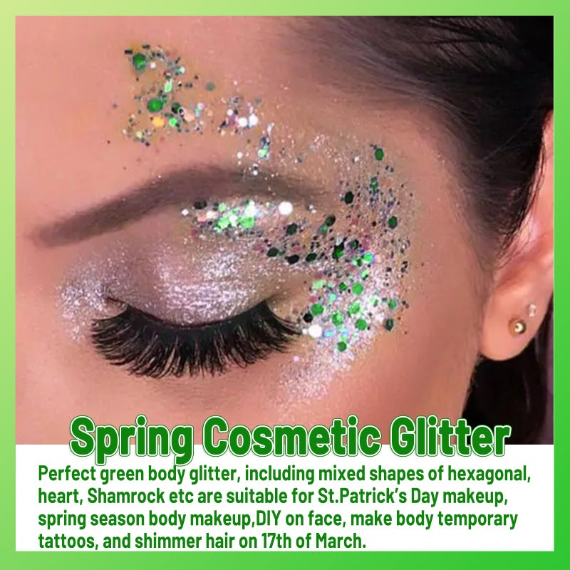 Allstarry Green Body Glitter, 4 Colors Cosmetic Green Face Glitter, Shamrock Face Eyeshadow Makeup Hair and Eye Glitter St Patricks Day Accessories Makeup Shamrock Decorations - Image 3