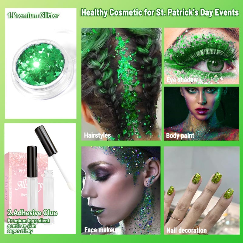 Allstarry Green Body Glitter, 4 Colors Cosmetic Green Face Glitter, Shamrock Face Eyeshadow Makeup Hair and Eye Glitter St Patricks Day Accessories Makeup Shamrock Decorations - Image 5