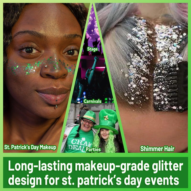 Allstarry Green Body Glitter, 4 Colors Cosmetic Green Face Glitter, Shamrock Face Eyeshadow Makeup Hair and Eye Glitter St Patricks Day Accessories Makeup Shamrock Decorations - Image 4