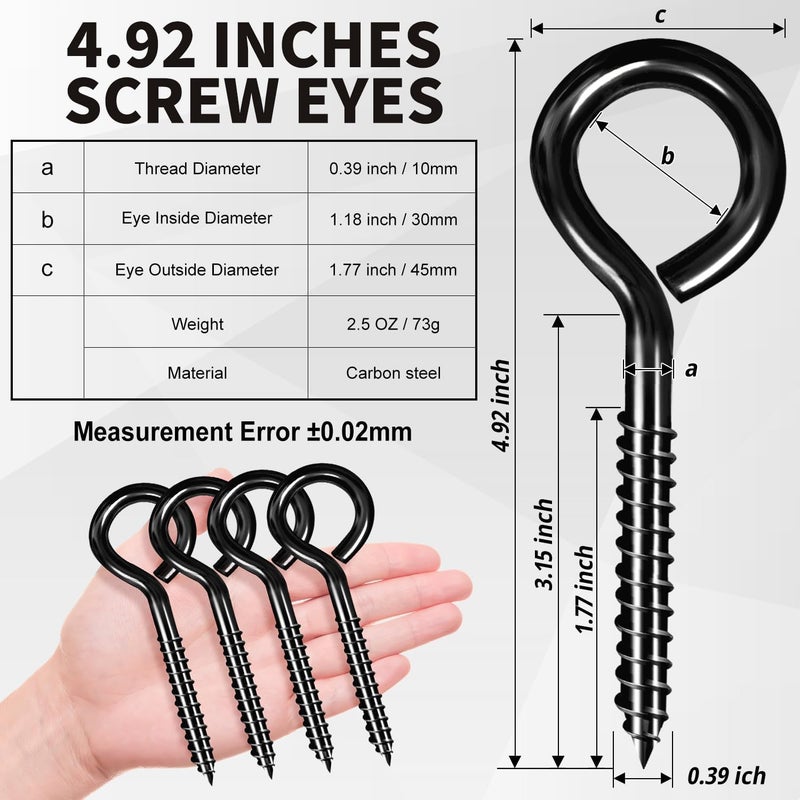 ZAUGONTW 5 Inch Eye Hooks, Large Eye Bolts Screw in Hooks Carbon Steel, 10 Pcs Heavy Duty Black Large Screw Hook for Wood Securing Cables Wire, Heavy-Duty Applications - Image 2
