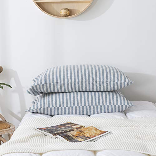 H HOUSEHOLD 100% Jersey Knit Cotton Queen Size Pillowcases Set of 2, Super Soft Breathable Pillow Cases for Sleeping, Envelope Closure, Stretchy T-Shirt Fabric (Blue Stripe, Queen Size Pillowcase) - Image 1