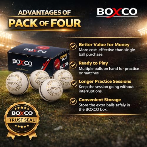 BOXCO Power Series White Cricket Leather Ball | Durable Handmade 4 Piece | Pack of 4 for T20 One Day Test & Practice - Image 4