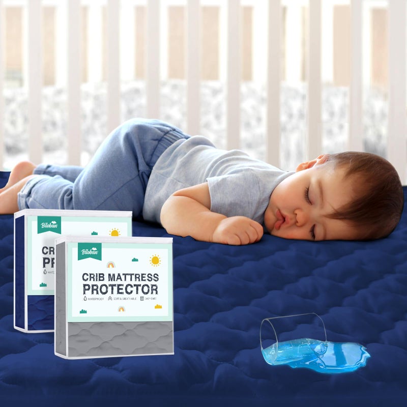 Biloban 2 Pack Crib Mattress Protector Sheets Fitted Waterproof Crib Mattress Pad Cover Noiseless Machine Wash 100 Absorbent Toddler Mattress Protector Sheet Quilted GrayNavy 52 x 28