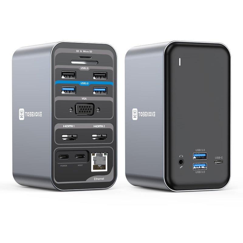 TOBENONE محطة إرساء لابتوب توبين ون USB C بشاشة مزدوجة، 15 في 1 USB C مع HDMI مزدوج، مزود طاقة 65 واط، VGA، 4xUSB 3.0، 2xUSB 2.0، SD/TF، إيثرنت وصوت/ميكروفون للي Lenovo وHP وDell وSurface - Image 1