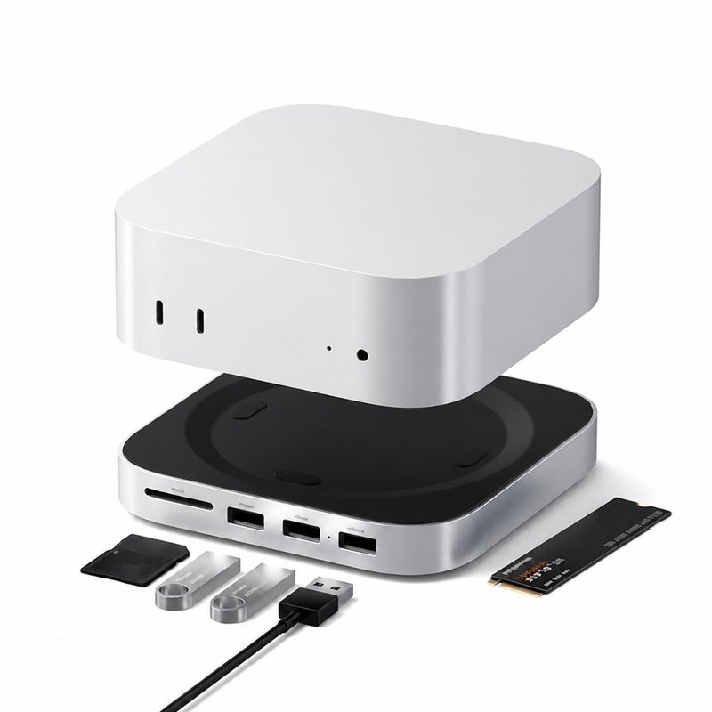 Mac Mini M4 Hub Stand with NVMe SSD Enclosure, Dock with 2 USB-A Up to 10Gbps Ports, USB-A Data Port, SD Card Reader for Mac Mini M4, M4 Pro, Optimized Self-Cooling - Silver - Image 1