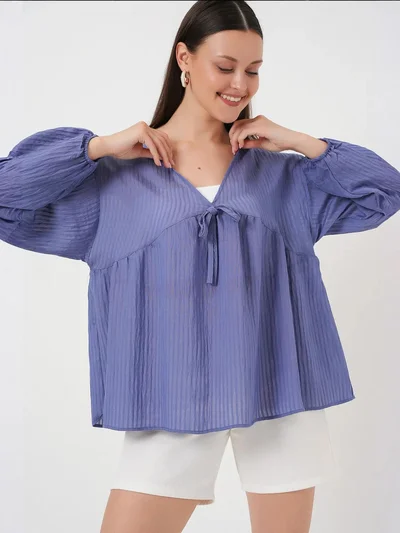 BIG DART BDART Textured Seersucker V-Neck Blouse with Bow Tie