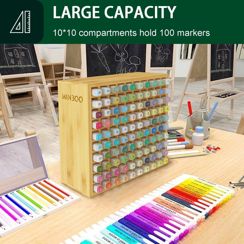 MinBoo Art Marker Storage Organizer for 100 Markers, Bamboo Art Supply Rack, Pens Color Pencils Paint Brushes Stationary Organizer Holder for Home Classroom Office Desk Decor - Image 5
