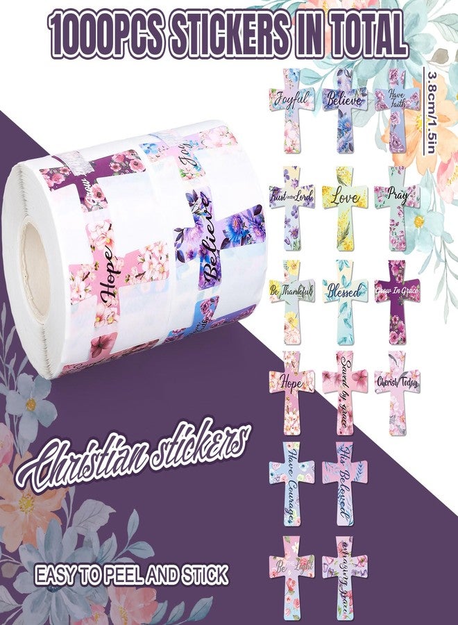 Whaline 1000 Pcs Floral Crossing Stickers Roll Flower Cross Bible Verse Self-Adhesive Sticker Decals for Scrapbook Journal Decor Spring Easter Christian Holiday, 16 Designs - Image 2