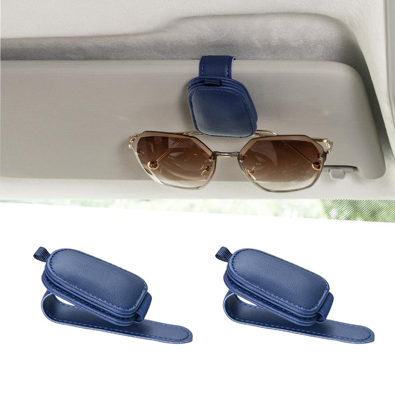 Yuoyar 2 Packs Sunglasses Holders For Car Visor - Magnetic Leather Sunglasses Holder And Ticket Card Clip - Car Visor Accessories (Blue)