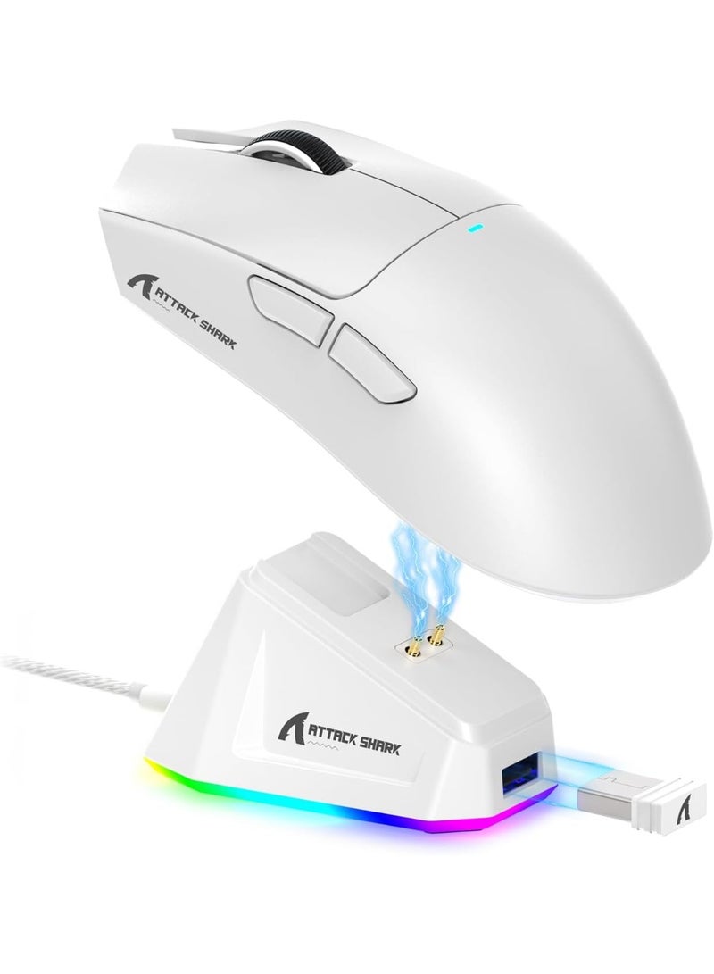 Attack Shark فأر ألعاب لاسلكي خفيف الوزن ATTACK SHARK X11 مع رصيف شحن RGB، ثلاثي الوضع - 2.4G/USB-C سلكي/BT، 22K DPI، حساس بصري PAW3311، مفتاح HUYU، 5 أزرار قابلة للبرمجة للكمبيوتر/ماك (أبيض) - Image 1