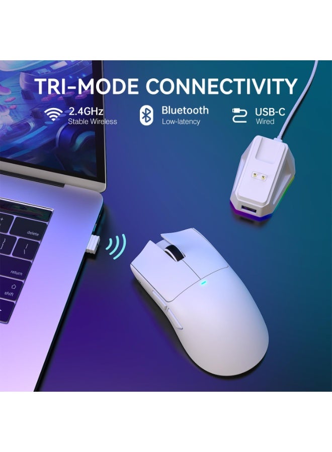 Attack Shark فأر ألعاب لاسلكي خفيف الوزن ATTACK SHARK X11 مع رصيف شحن RGB، ثلاثي الوضع - 2.4G/USB-C سلكي/BT، 22K DPI، حساس بصري PAW3311، مفتاح HUYU، 5 أزرار قابلة للبرمجة للكمبيوتر/ماك (أبيض) - Image 3