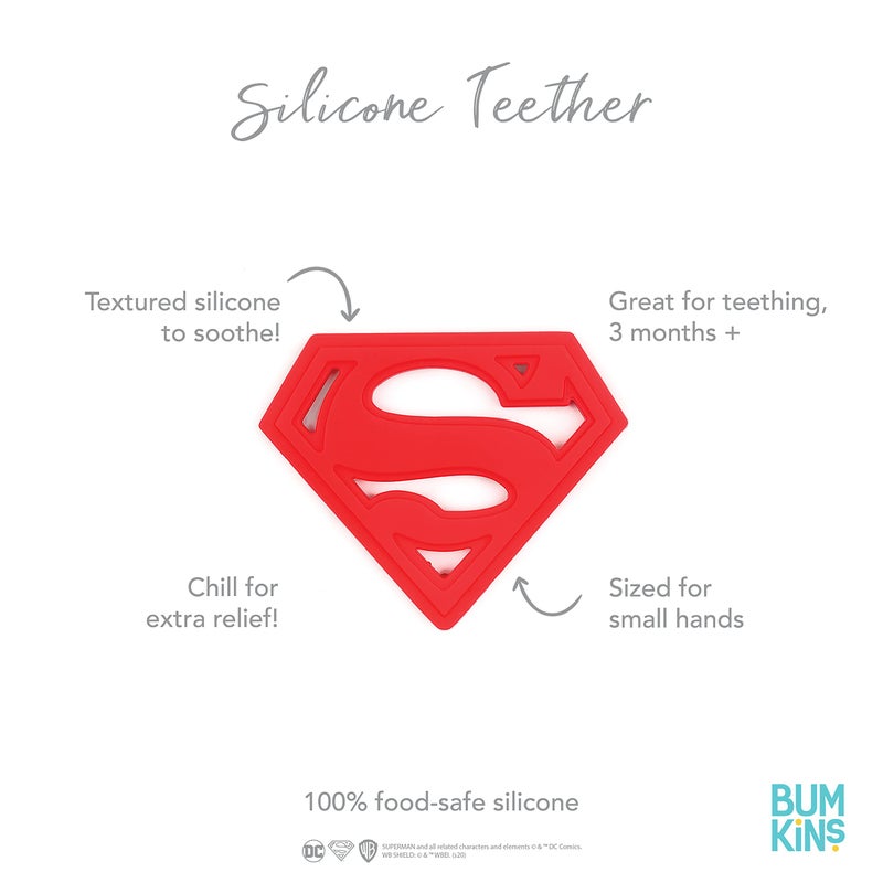 Bumkins Baby Teething Freezer Toy Keys Rings, Soft Flexible Silicone Pacifier, Safe to Chew, Cool Teether Gum Relief, Essentials for Babies 3 Months, Freezable, Sensory Textured, Superman DC Comics - Image 4