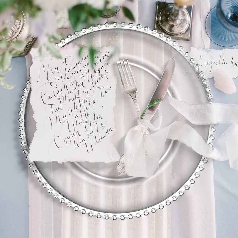 Weewooday 30 Pieces Silver Plastic Beaded Charger Plates 13 Inch Round Dinner Chargers Bead Clear Service Plates for Wedding Birthday Party Events Bridal Shower Dinner Tabletop Decoration - Image 4