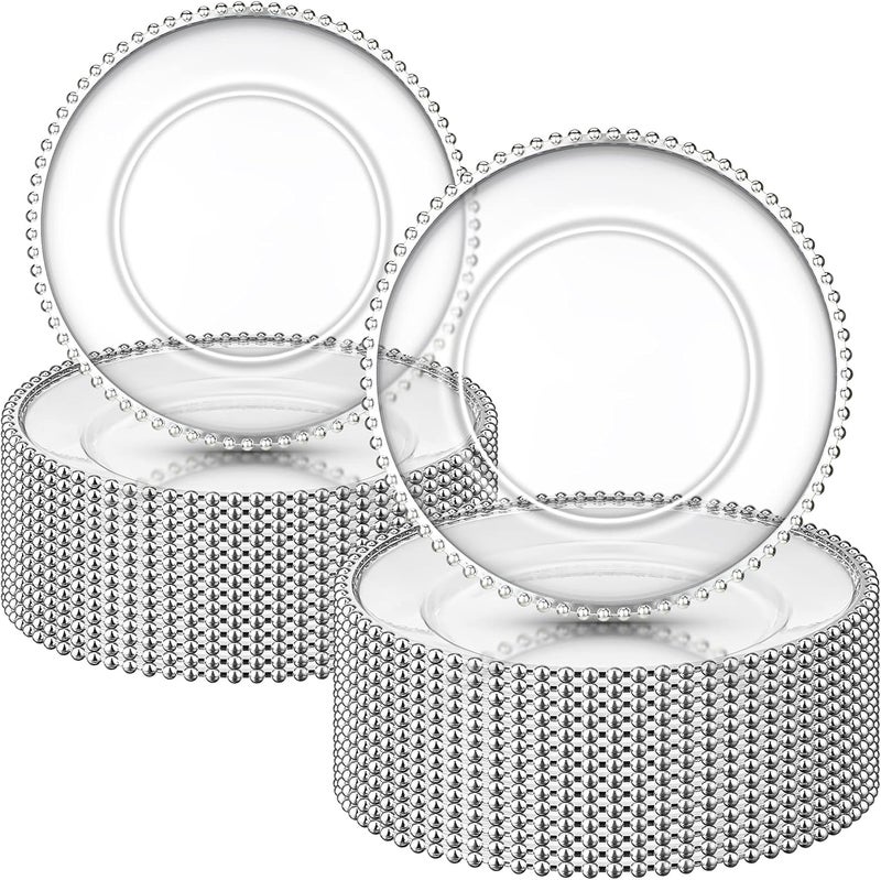 Weewooday 30 Pieces Silver Plastic Beaded Charger Plates 13 Inch Round Dinner Chargers Bead Clear Service Plates for Wedding Birthday Party Events Bridal Shower Dinner Tabletop Decoration - Image 1