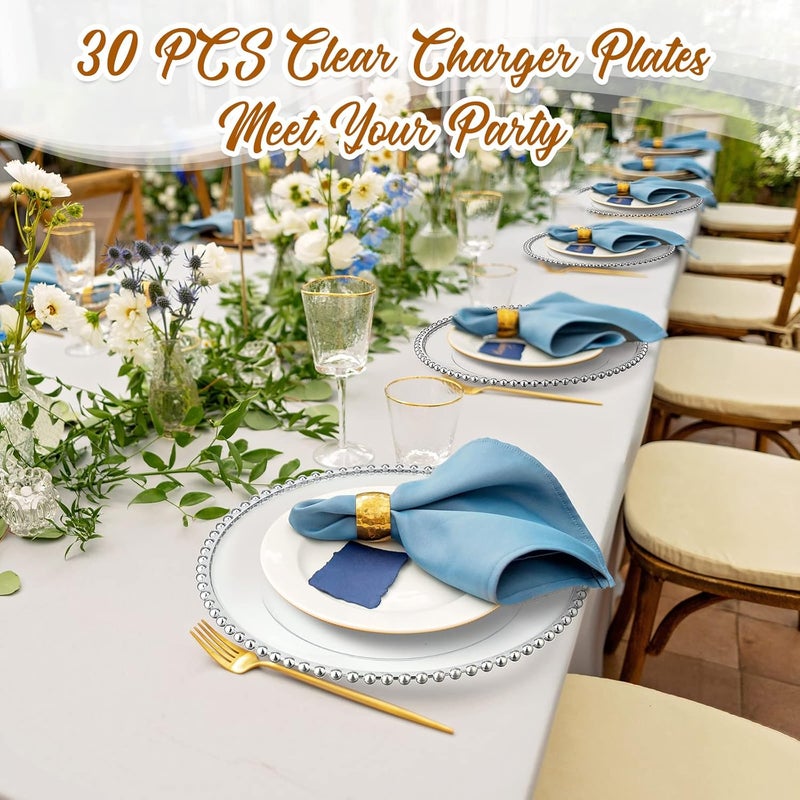 Weewooday 30 Pieces Silver Plastic Beaded Charger Plates 13 Inch Round Dinner Chargers Bead Clear Service Plates for Wedding Birthday Party Events Bridal Shower Dinner Tabletop Decoration - Image 5