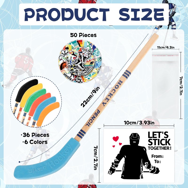 Gosodeny 36 Set Valentines Day Gifts Hockey Party Favors Bulk Hockey Pencils and Erasers Includes Hockey Pencils Hockey Stickers Hockey Cards Packaging Gift Bags Hockey Fans Sports Fans Party Prize Gifts - Image 2