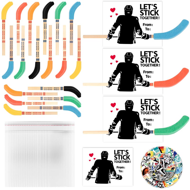 Gosodeny 36 Set Valentines Day Gifts Hockey Party Favors Bulk Hockey Pencils and Erasers Includes Hockey Pencils Hockey Stickers Hockey Cards Packaging Gift Bags Hockey Fans Sports Fans Party Prize Gifts - Image 1