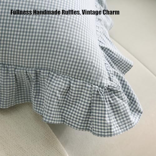 Silnuo Blue/White Plaid Ruffle Throw Pillow Covers Farmhouse Checkered Gingham 18"x18" Vintage Washed Cotton Pillow Shams for Couch,Sofa,Bed and Living Room - Image 4