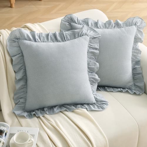 Silnuo Blue/White Plaid Ruffle Throw Pillow Covers Farmhouse Checkered Gingham 18"x18" Vintage Washed Cotton Pillow Shams for Couch,Sofa,Bed and Living Room - Image 2