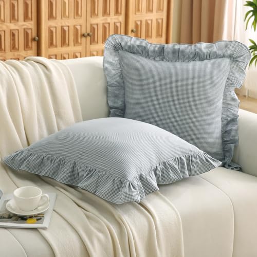 Silnuo Blue/White Plaid Ruffle Throw Pillow Covers Farmhouse Checkered Gingham 18"x18" Vintage Washed Cotton Pillow Shams for Couch,Sofa,Bed and Living Room - Image 1