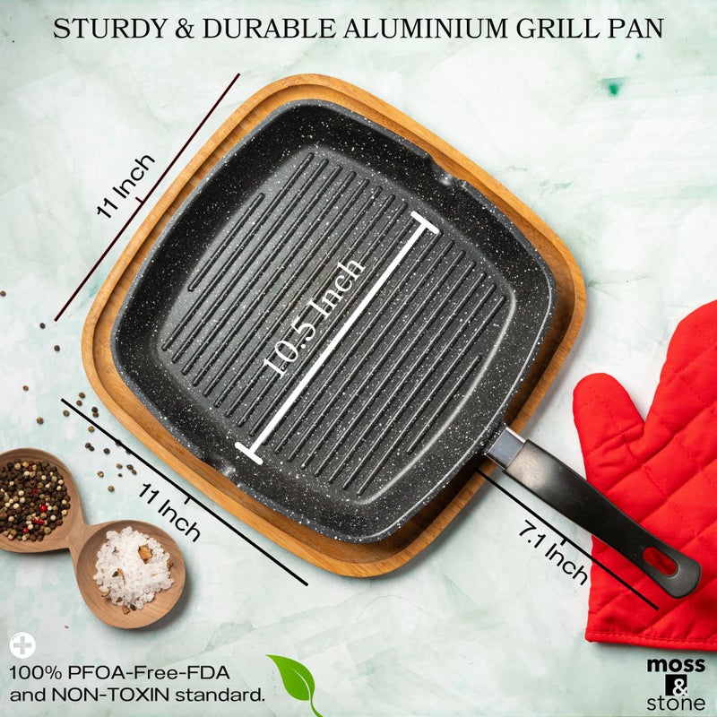 Moss & Stone Aluminum Nonstick Grill Pan for Stove Tops, Versatile Griddle Skillet with Pour Spouts, 11 Inch Square Grill Pan Big Cooking Surface, Durable Skillet For Indoor Cooking & Outdoor Grilling - Image 3